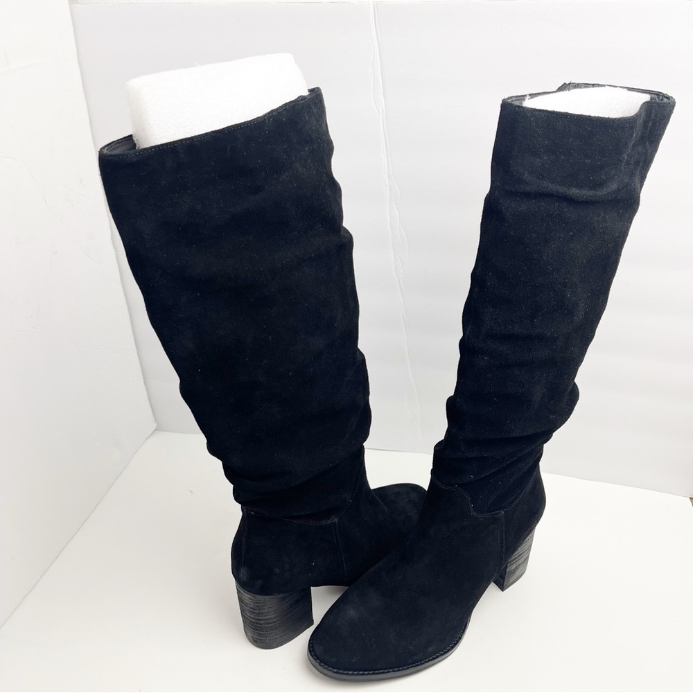 BLONDO Nada Black Leather Stacked Heel Waterproof Knee High Boots, Size 9.5